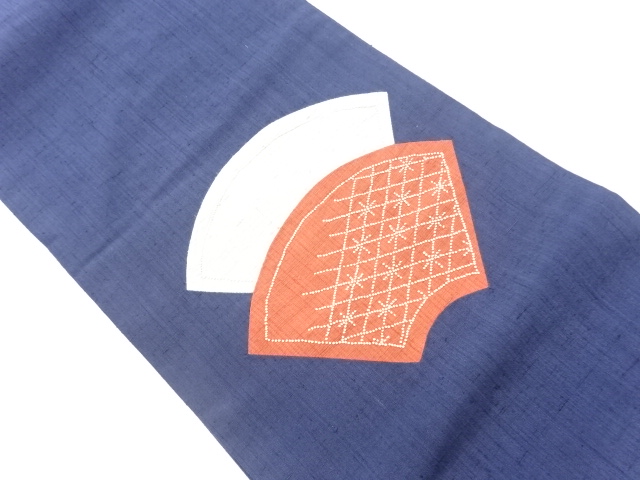 リサイクル　手織り紬切り嵌め刺し子地紙に菱模様名古屋帯